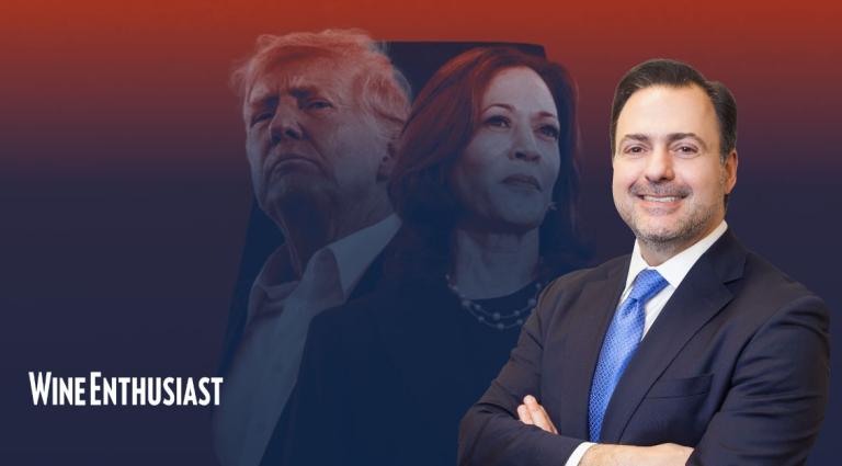 What’s Better for Wine, a Donald Trump or Kamala Harris Presidency? Title Image Asher Rubinstiein in front of Kamala Harris and Donald Trump