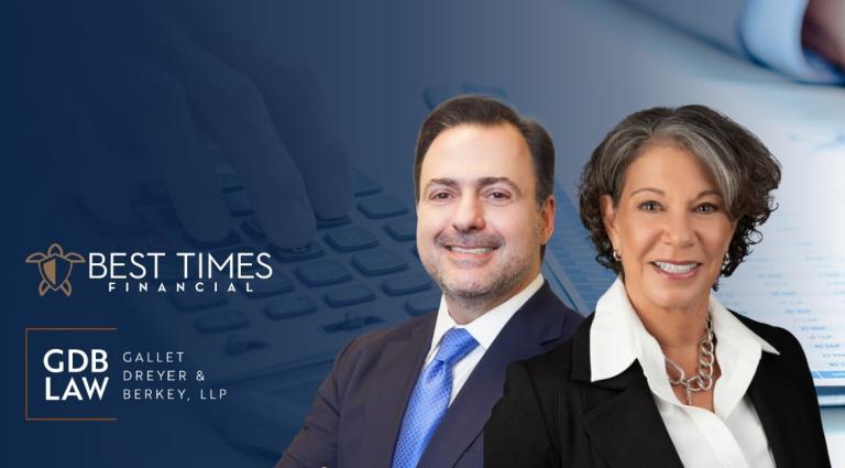 Asher and Ivy in front of background with the Best Times Financial logo and the GDB Law logo