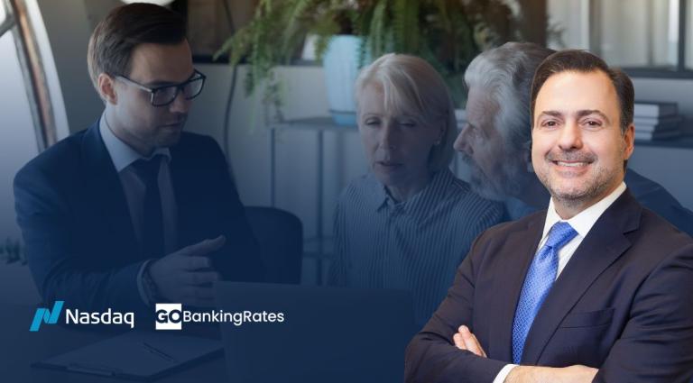 Asher Rubinstein in the foreground of an Image of an Elderly Couple talking to a lawyer as well as the publication names of Nasdaq and Go Banking Rates in the left bottom corner