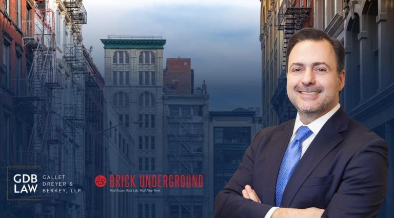 Headshot of Asher Rubinstein in the foreground, positioned next to the Brick Underground logo, with a backdrop of New York City apartment buildings.