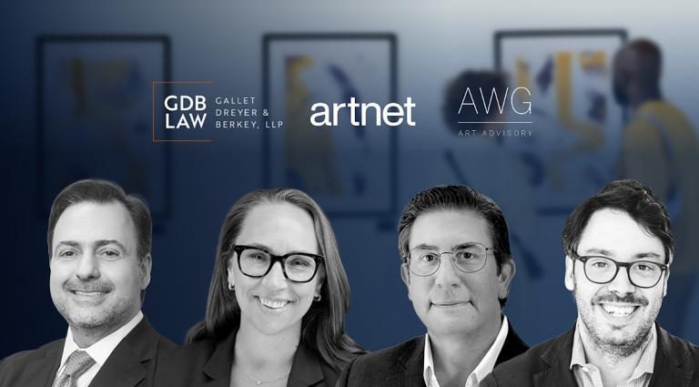 Headshots of Atty K. Bruggemann, Asher Rubinstein, Jason Rulnik, and Alex Glauber in the foreground of an image of an art museum.