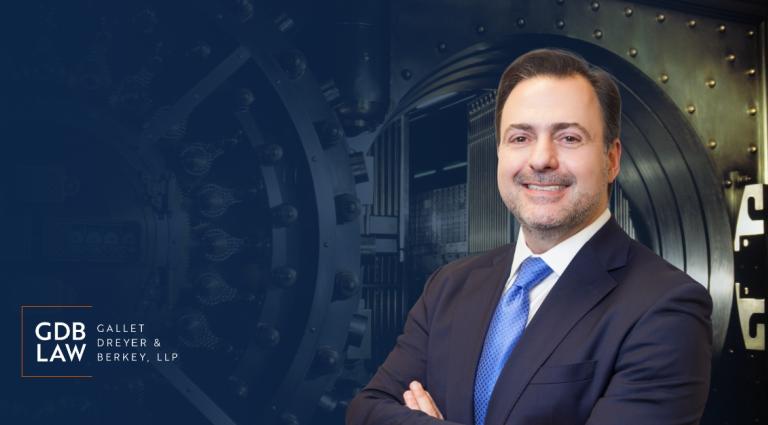 A graphic of Asher Rubinstein in front of a bank vault