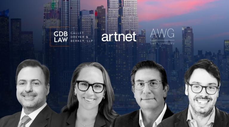 Headshots of Asher Rubinstein (GDB Law), Atty K. Bruggemann (GDB Law), Jason Rulnik (artnet), and Alex Glauber (AWG) overlaid on a cityscape background. Logos for Gallet Dreyer & Berkey LLP (GDB Law), Artnet, and AWG Art Advisory appear above them.